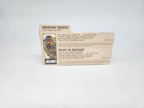 1985 GI Joe ALPINE File Card Only ARAH vintage Mountain Trooper.