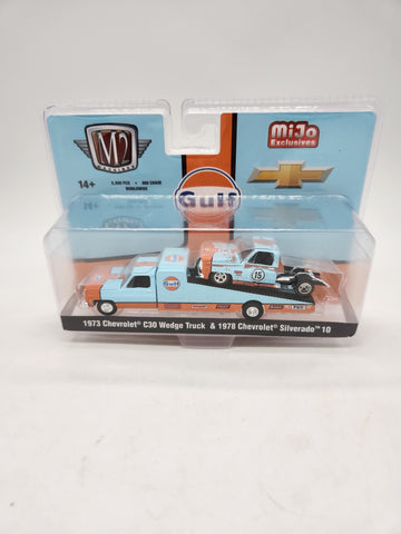 M2 1/64 MIJO GULF 1973 chevrolet c30 wedge truck & 1978 silverado.