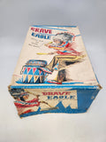 Vintage Battery Operated Brave Eagle Indian Chief Beating Drum Tin Toy with Box.