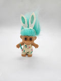 Vintage 1990's Russ Berrie Bunny Ears Troll Doll 6" Blue Hair Painter Overalls.