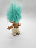Vintage 1990's Russ Berrie Bunny Ears Troll Doll 6" Blue Hair Painter Overalls.