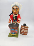 Vintage Battery Operated Brave Eagle Indian Chief Beating Drum Tin Toy with Box.