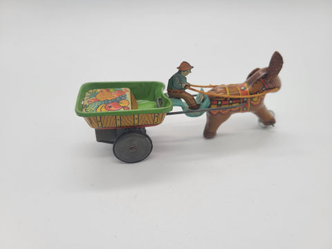 VINTAGE ALPS FRICTION TOY TIN CART DONKEY W/ FRUIT CART MADE IN JAPAN 1964